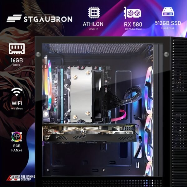 STGAubron Gaming Desktop PC, Athlon 3000G 3.5G, Radeon RX 580 16G GDDR5, 16G RAM, 512G SSD, 600M WiFi, wireless 5.0, RGB Fan x 4, RGB Keyboard and Mouse Pad, W11H64
