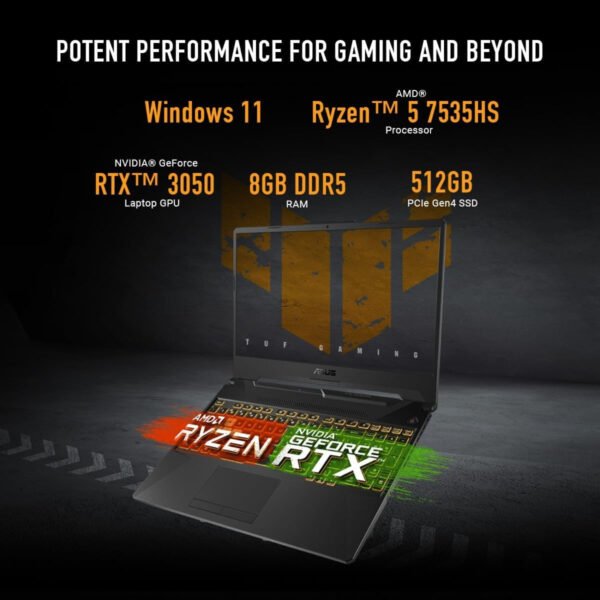 ASUS TUF A15 Gaming Laptop: 15.6 Full HD 144Hz Display, GeForce RTX 3050, AMD Ryzen 7 7435HS, 8GB DDR5 RAM, 512GB PCIe SSD, Wi-Fi 6, Windows 11, suitable for games, office, students, creation in daily life, back-to-school season, holiday gifts for friends and family - Image 3