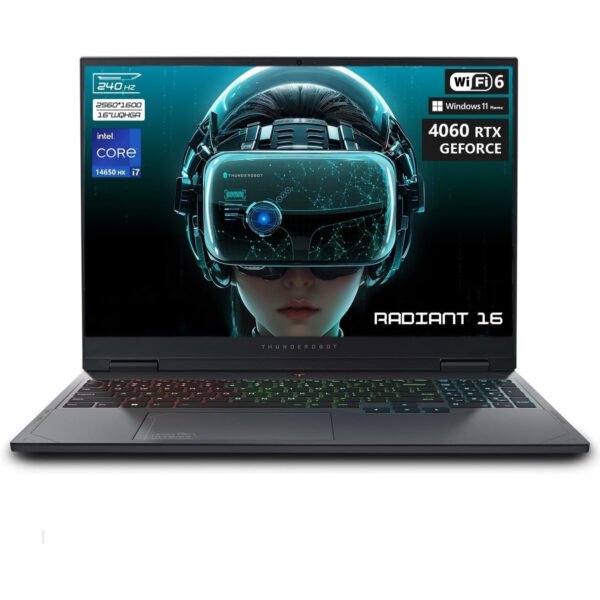 Thunderobot Radiant 16 4060 2.5K Gaming Laptop, 16" WQXGA 240Hz Display, 14th Gen Intel i7-14650HX, GeForce RTX 4060, 16GB DDR5 RAM, 512GB PCIe SSD, RGB Backlit Keyboard, Wi-Fi 6, Win 11 Home, Gray