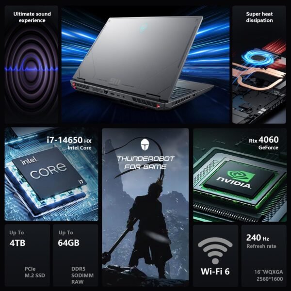 Thunderobot Radiant 16 4060 2.5K Gaming Laptop, 16" WQXGA 240Hz Display, 14th Gen Intel i7-14650HX, GeForce RTX 4060, 16GB DDR5 RAM, 512GB PCIe SSD, RGB Backlit Keyboard, Wi-Fi 6, Win 11 Home, Gray - Image 3