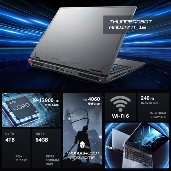 Thunderobot Radiant 16 i9 RTX 4060 2.5K Gaming Laptop, 16" WQXGA 240Hz Display, Intel Core i9-13900HX, GeForce RTX 4060, 16GB DDR5 RAM, 512GB PCIe SSD, RGB Backlit Keyboard, Wi-Fi 6, Win 11 Home, Gray - Image 4