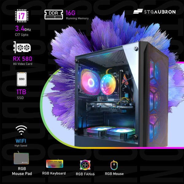 STGAubron Gaming Desktop PC, Radeon RX 580 8G GDDR5, Intel Core i7 up to 3.9G, 16G RAM, 1T SSD, 600M WiFi, RGB Fan x6, Windows 10 Home