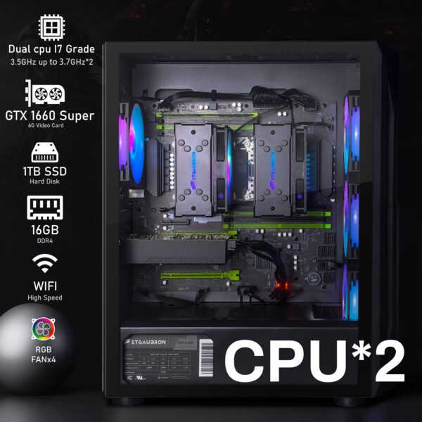 STGAubron Dual CPU Gaming PC, Dual i7 Xeon E5 up to 3.7GHz, GeForce GTX 1660 Super 6G, 16G DDR4, 1T SSD, 600M WiFi, RGB Fan x4, Windows 10 Pro