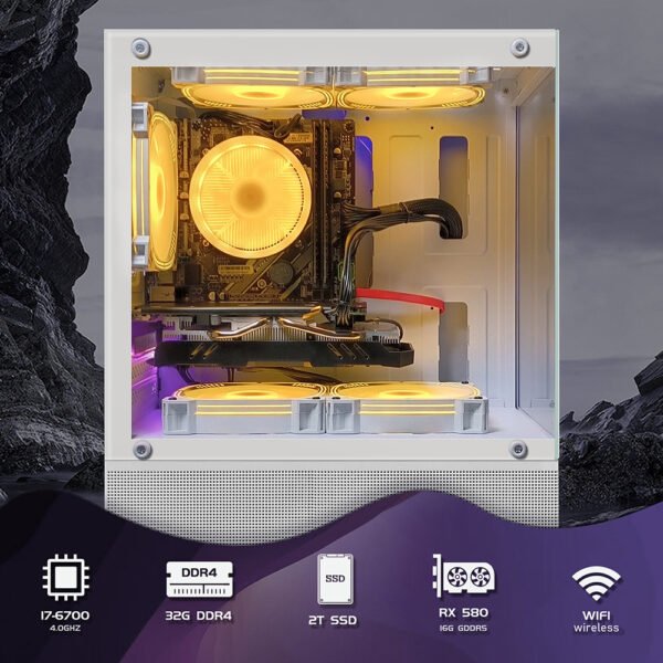 STGAubron Gaming Desktop PC, Radeon RX 580 16G, Core i7-6700 up to 4.0G, 32G DDR4, 2T SSD, 600M WiFi, RGB Fan x3, RGB BT Sound Bar, 10th Gen Opearting System, White