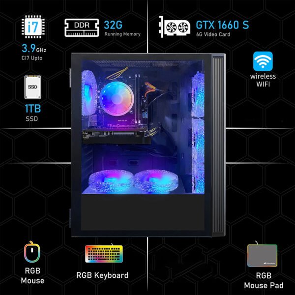 STGAubron Gaming Desktop PC, Core i7 3.4G up to 3.9G, 32G RAM, 1T SSD, GeForce GTX 1660 Super 6G GDDR6, 600M WiFi,, RGB Fan x 6, RGB Keyboard&Mouse&Mouse Pad, W10H64