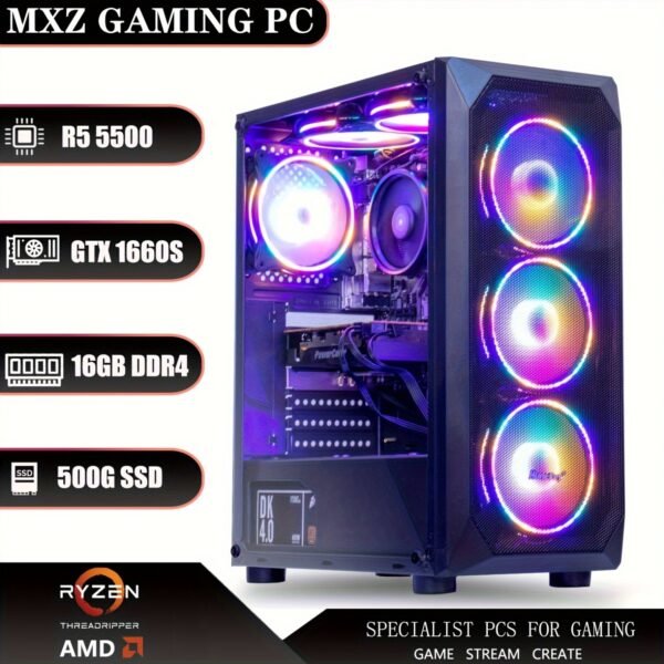 MXZ Gaming PC Computer AMD Ryzen 5 5500 3.6GHz, GeForce GTX 1660S, 16GB(8G*2) DDR4 3200, NVME 500GB SSD, 6RGB Fans, WIFI & Gamer Desktop Computer (R5 5500| GTX1660S)