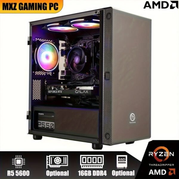 MXZ Gaming PC Desktop Computer, AMD Ryzen 5 5600 3.7GHz, B450, 16GB DDR4, NVME 500G/1TB SSD, 6RGB Fans, Gamer Desktop Computer Optional RX 6650XT/RTX 2060S/RTX 4060/RTX 3060TI/RX 7700XT/RTX 3060