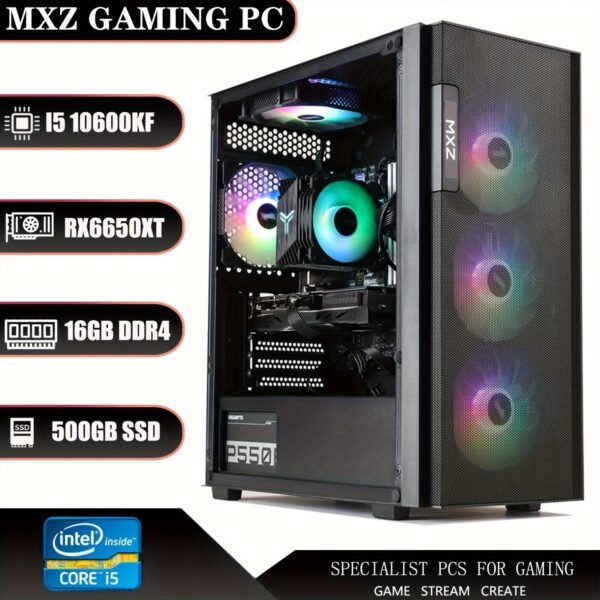 MXZ Gaming PC Computer I5 10600KF, RX 6650XT, 8GB*2 DDR4, NVME 500GB, 6RGB Fans, Gamer Desktop Computer(I5 10600KF| RX 6650XT)