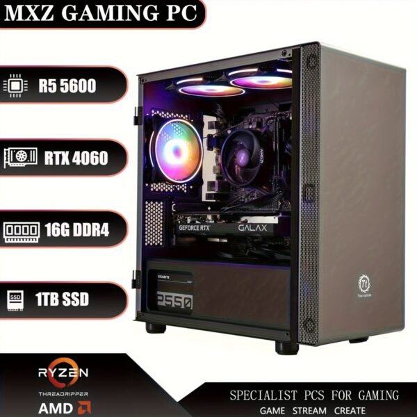 MXZ Gaming PC Desktop Computer, AMD Ryzen 5 5600 3.7GHz, GeForce RTX 4060, 16GB DDR4, NVME 1T SSD, 6RGB Fans, Gamer Desktop Computer(R5 5600| RTX 4060)