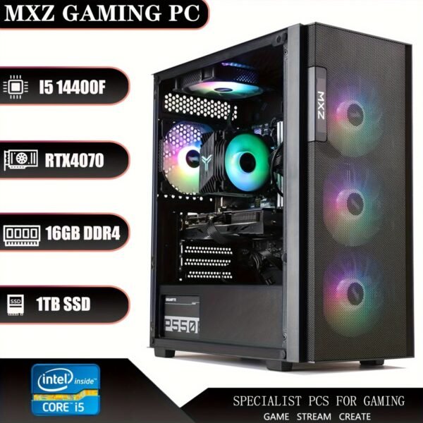 MXZ Intel Core I5 14400F 4.7GHz, GeForce RTX 4070, Gaming PC, 16GBDDR5 6000MHz, M.2 SSD 1T, B760, 6RGB Fans, Gamer Desktop Computer(I5 14400F| RTX 4070)