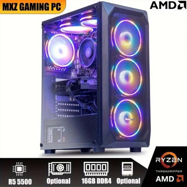 MXZ Gaming PC Computer AMD Ryzen 5 5500 3.6GHz, 16GB (8G*2) DDR4 3200, NVME 500G/1 TB SSD, 6RGB Fans, WIFI &Gamer Desktop Computer Optional GTX 1660S/RTX 3060/RTX 4060/RX6750GRE/RX7600/RTX2060S