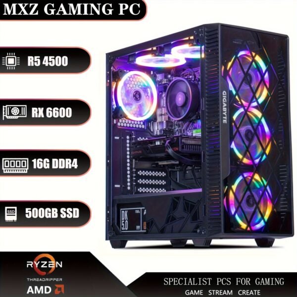 MXZ Gaming PC Desktop Computer, AMD Ryzen 5 4500 3.6GHz, RX 6600, 16GB(8G*2) DDR4, NVME 500GB SSD, 6RGB Fans, Gamer Desktop Computer(R5 4500|RX 6600)