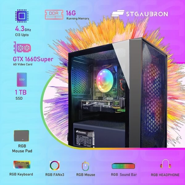 STGAubron Gaming Desktop PC, Core I3-10100F Up To 4.3G, GeForce GTX 1660 Super 6G GDDR6, 16G DDR4, 1T SSD, 600M WiFi, Wireless 5.0, RGB Fan X 3, RGB Keyboard&Mouse&Mouse Pad, RGB Wireless Sound Bar, RGB Wireless Gaming Mic, W11H64 - Image 7
