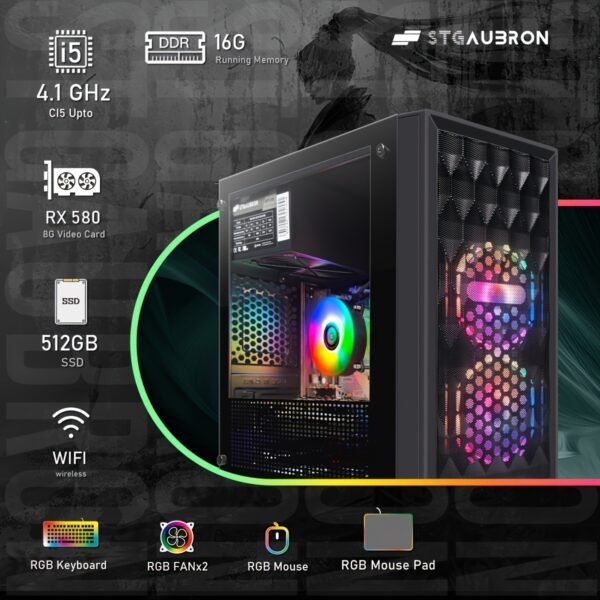 STGAubron Gaming Desktop PC with AMD Ryzen 3 3200G & RX 580 Graphics, 16GB DDR4, 512GB SSD, 600Mbps WiFi, RGB Fans, Keyboard & Mouse - Windows 11 Home Gaming Computer for 60+ FPS, Streaming, Crypto Trading