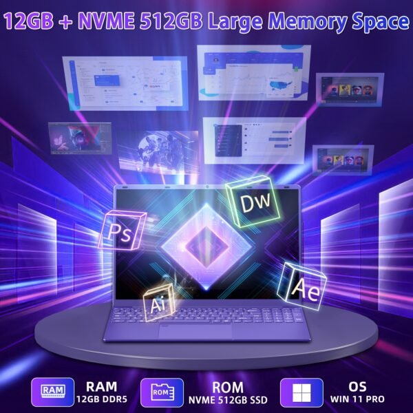 16" Purple Laptop, Intel N95 (Up To 3.4Ghz), 12GB DDR5 RAM, Colorful Backlit Keyboard, Fingerprint Unlock/Enhanced Performance - Image 9