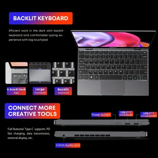CHUWI MiniBook X 2-in-1 Touch Screen Windows 11 Laptop, 10.51'' 1920*1200 IPS Display, 512GB PCIe SSD 12GB RAM, 12th Gen Intel N100, WiFi6, BT5.2, Backlit Keyboard, 1TB SSD Expand, Type-C, PD 2.0, Webcam, 360 Rotating, Headphone Jack, FHD, LPDDR5, NoteBook Computer - Image 8