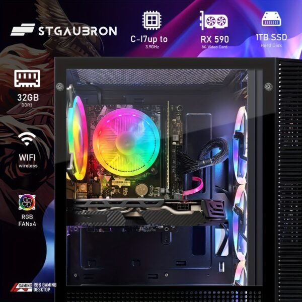STGAubron Gaming Desktop PC, Radeon RX 590 8G GDDR5, Intel Core i7 3.4G up to 3.9G, 32G RAM, 1T SSD, 600M WiFi, Wirless 5.0, RGB Fan x 4, RGB Keyboard & Mouse & Mouse Pad, RGB BT Sound Bar, W10H64