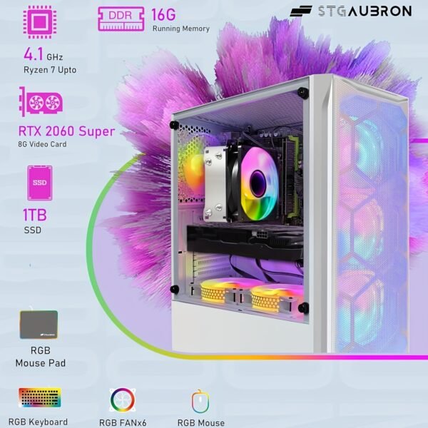 STGAubron Gaming PC Desktop, GeForce RTX 2060 Super 8G, AMD Ryzen 7 PRO 2700 Up To 4.1G, 16G DDR4, 1T SSD, 600M WiFi, RGB Fan X6, RGB Mouse Pad, Windows 11 Home