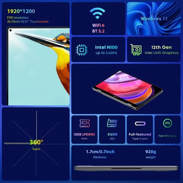 CHUWI MiniBook X 2-in-1 Touch Screen Windows 11 Laptop, 10.51'' 1920*1200 IPS Display, 512GB PCIe SSD 12GB RAM, 12th Gen Intel N100, WiFi6, BT5.2, Backlit Keyboard, 1TB SSD Expand, Type-C, PD 2.0, Webcam, 360 Rotating, Headphone Jack, FHD, LPDDR5, NoteBook Computer - Image 4