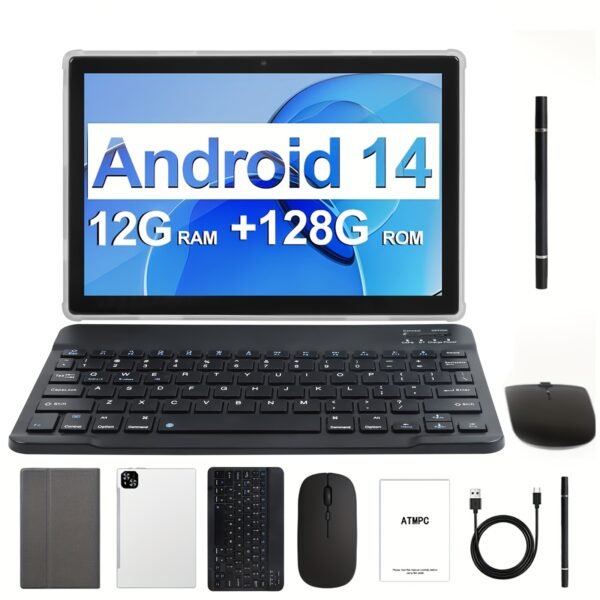 Tablet 10.1 Inch Android 14 OS Tablet, 2in 1 Tablets with Keyboard, Mouse, Case, Stylus Without Electricity, 128GB ROM 12GB (4GB+8GB) RAM, Dual Camera, Eight Core Processor, 1280 * 800 IPS High-definition Display Screen, GMS Tab, 5G Wi Fi 6, Google, Pad, Tablet,
