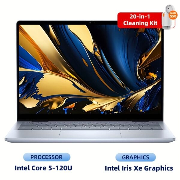Del Inspiron 14 7740 2-in-1 Laptop, 14" FHD+ Touchscreen, Intel Core i5 120U Processor, 16GB DDR5 RAM, 512GB SSD, Intel Graphics, Up to 10 Hours Battery Life, Wi-Fi 6E, Backlit Keyboard, Camera, Windows 11 Home, Ice Blue, Includes Cleaning Brush