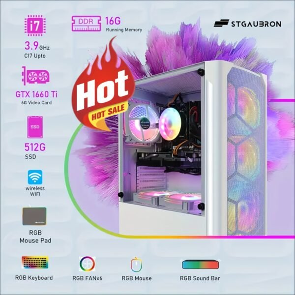 STGAubron Gaming Diamond Desktop, Core I7 3.4 GHz Up To 3.9 GHz, GTX 1660 Ti 6G GDDR6, 16G RAM, 512G SSD, WIFI, Wireless 5.0, RGB Fan X 6, RGB Keyboard & Mouse, RGB Mouse Pad, RGB BT Sound Bar, W10H64 - Image 3