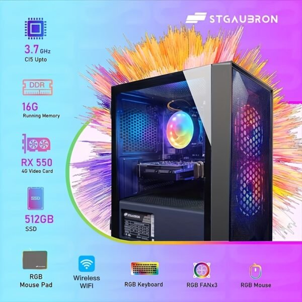 STGAubron Prebuilt Gaming PC Desktop, AMD Radeon RX 550 4G GDDR5, Core I5 3.3Ghz Up to 3.7Ghz, 16G Ram, 512G SSD, WiFi, RGB Fan X 3, RGB Mouse Pad, Windows 10 Home