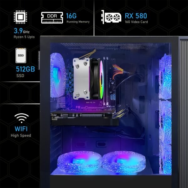 STGAubron Gaming PC Desktop with AMD Ryzen 5 PRO 2400G up to 3.9G, Radeon RX 580 16G GDDR5, 16GB DDR4, 512GB SSD, 600m WiFi, RGB Fans x6, RGB Mouse & Keyboard, Windows 10 Home – 60+ FPS Gaming, Streaming & Content Creation Computer, Highperformance Computing, Vibrant Lighting System, Effective Cooling System, Esports Rig, Sleek Desktop, Efficient Cooling, Gaming Setup, Tech Enthusiasts - Image 3