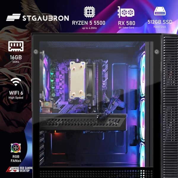STGAubron Gaming PC Computer Desktop, AMD Ryzen 5 5500 Up To 4.2GHz, Radeon RX 580 8G, 16GB DDR4 RAM, 512GB SSD, WiFi 6 5G Supported, RGB Fan X4, Windows 11 Home - Image 3