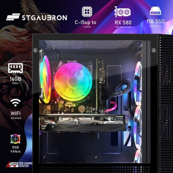 STGAubron Gaming Desktop PC, Intel Core i5-9400F up to 4.1GHz, Radeon RX 580 16G GDDR5, 16G RAM, 1T SSD, 600M WIRELESS, WIRELESS 5.0, RGB Fan x 4, RGB Keyboard & Mouse & Mouse Pad, W11H64