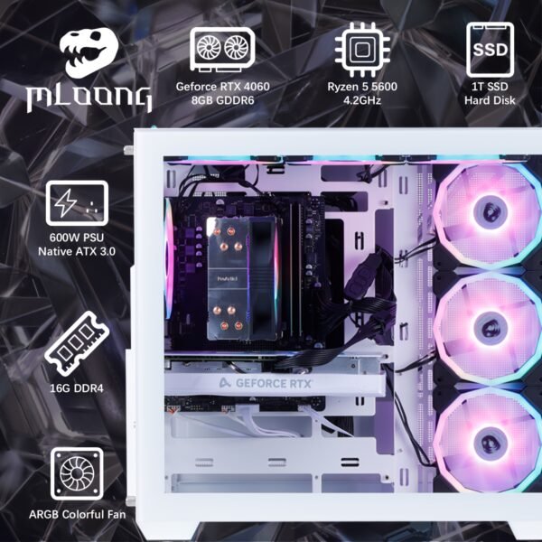 Mloong Gaming PC AMD Ryzen 5 5600 NVIDIA GeForce RTX 4060 16GB DDR4 RAM 1TB SSD 7 ARGB Fans Gaming Desktop - Image 4