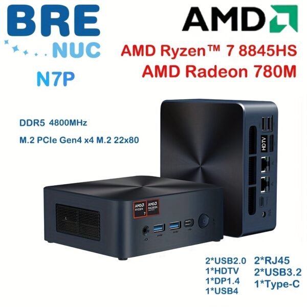 BRENUC N7P Mini Gaming Computer Pc AMD Ryzen 7 8845HS, SO-DIMM DDR5 4800MHz (64GB max), RMO M.2 2280 PCIE4.0 4 NVME (2048GB max), AMD Radeon 780m, Dark Blue