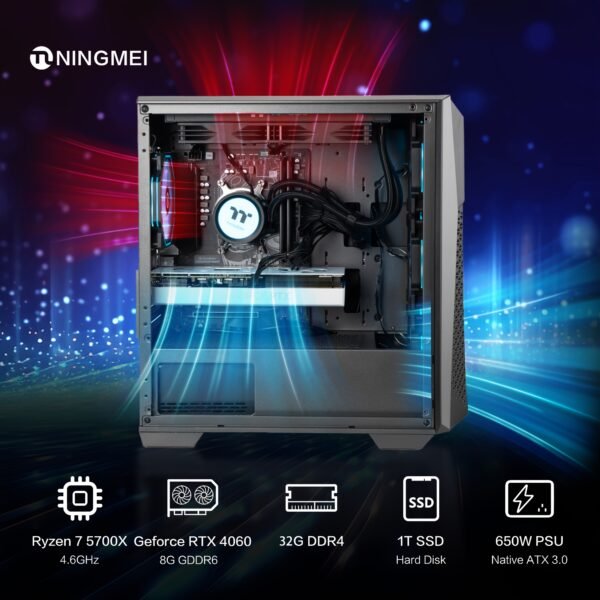 Ningmei Gaming PC AMD Ryzen 7 5700X NVIDIA GeForce RTX 4060 1TB SSD 32GB RAM 240mm Water Cooling 4RGB Fans Gaming Desktop - Image 2
