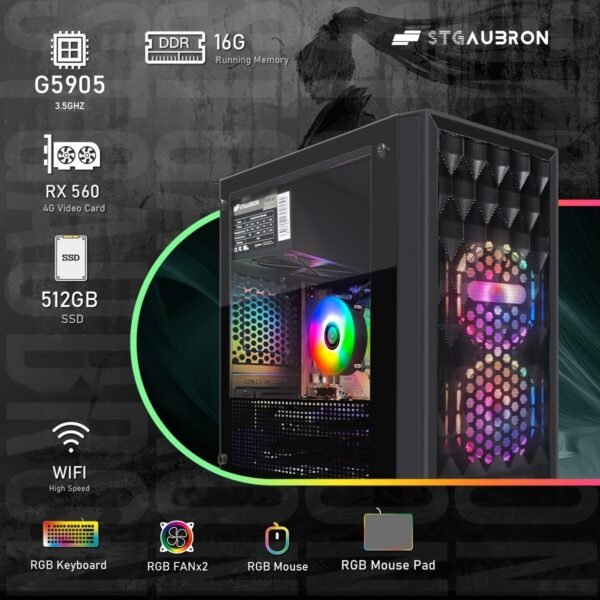 STGAubron Gaming Desktop, Radeon RX 560 4G GDDR5, 10th Gen G5905 3.5G, 16G DDR4, 512G SSD, 600m WiFi, Wireless 5.0, RGB Fan X 2, RGB Mouse Pad, Windows 11 Home