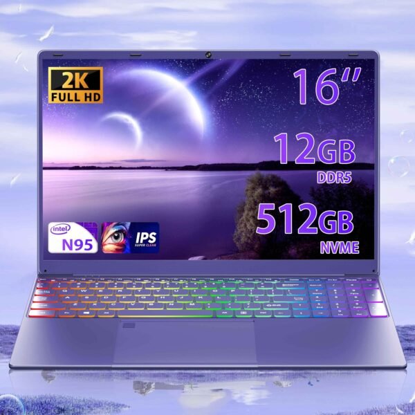 16" Purple Laptop, Intel N95 (Up To 3.4Ghz), 12GB DDR5 RAM, Colorful Backlit Keyboard, Fingerprint Unlock/Enhanced Performance