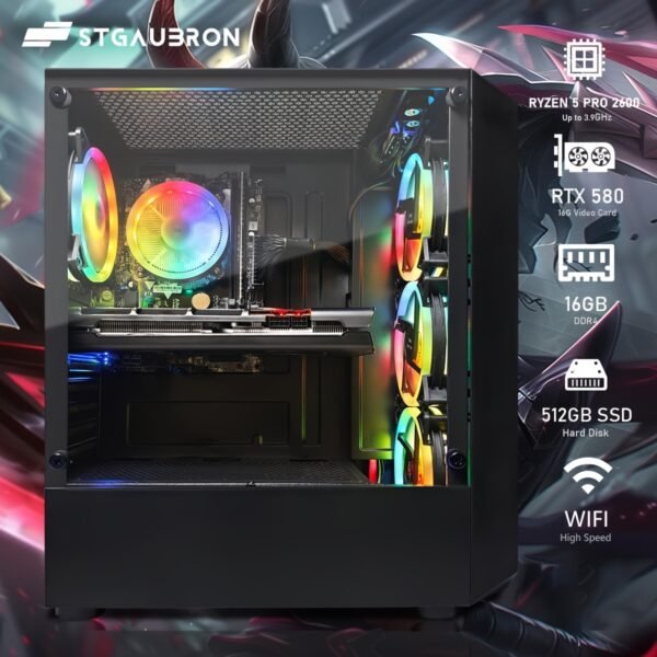 STGAubron Gaming PC Desktop, Radeon RX 580 16G, AMD RYZEN 5 PRO 2600 3.4GHZ, 16G DDR4, 512G SSD, 600m WiFi, Wireless 5.0, RGB Fan X 4, RGB Mouse Pad, Windows 11