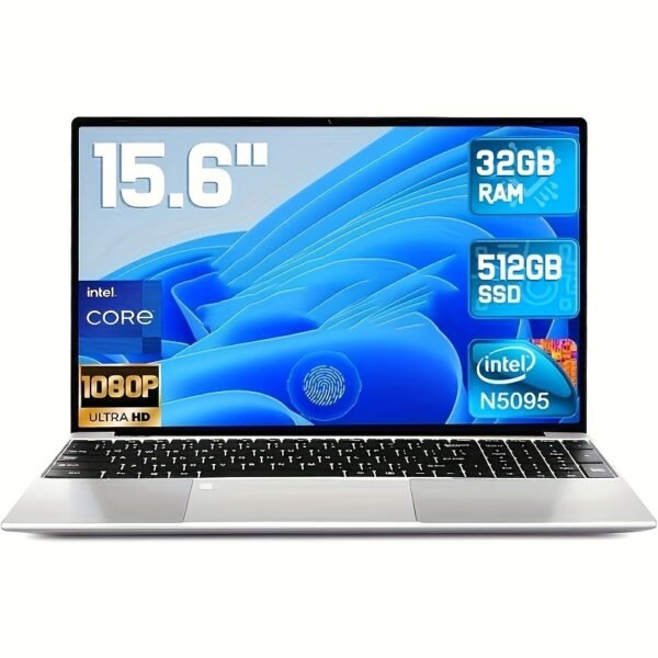 2025 Latest Laptop 15.6'', 32GB Dual Channel RAM 512GB SSD, Intel N5095 Processor (up to 2.9GHz), 1080P Full HD Display, Backlit Keyboard, Fingerprint Recognition, Webcam, USB 3.0, WiFi 5.0, Latest Laptop