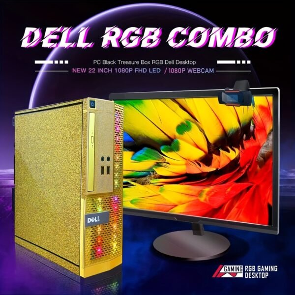 PC Golden Treasure Box RGB Dell Desktop Quad Core I5 up to 3.6Ghz, 16G, 512G SSD, WiFi, RGB Gaming Keyboard & Mouse, DVD, New 22" 1080 FHD LED, RGB Sound Bar, Webcam, Win 10 Pro (Renewed)