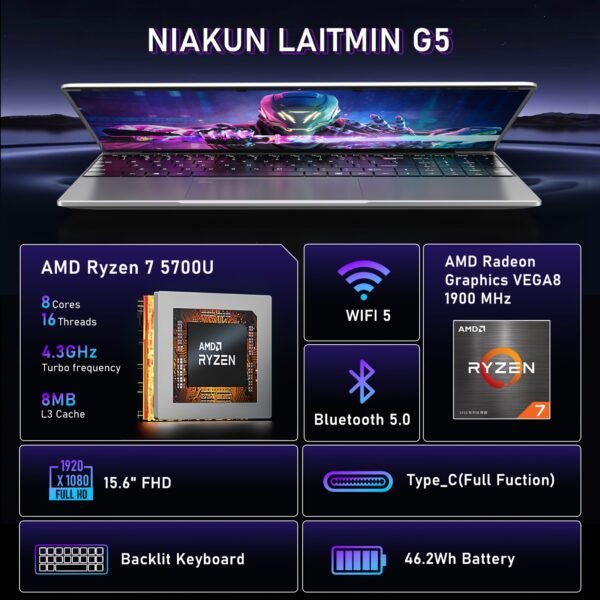NIAKUN 15.6 Inch Laptop Computer, Gaming Laptop, AMD Ryzen 7 5700U 8C/16T Processor (up To 4.3Ghz), 16GB RAM 1TB SSD, AMD Radeon Graphics, 15.6" FHD 1920 * 1080 Display, WiFi 5, BT5.0, Backlit Keyboard - Image 3