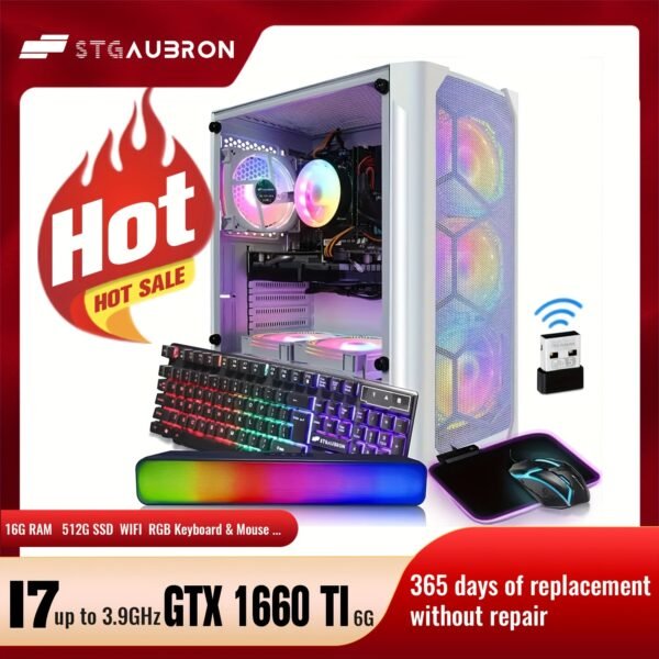 STGAubron Gaming Diamond Desktop, Core I7 3.4 GHz Up To 3.9 GHz, GTX 1660 Ti 6G GDDR6, 16G RAM, 512G SSD, WIFI, Wireless 5.0, RGB Fan X 6, RGB Keyboard & Mouse, RGB Mouse Pad, RGB BT Sound Bar, W10H64