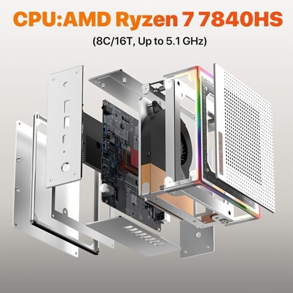 PELADN Gaming Minicom, AMD Ryzen 7 7840HS(8C/16T, Up To 5.1GHz)Radeon 780M 32GB DDR5 5600Mhz RAM, 1TB SSD, 4K HD, BT5.2, WiFi6 2.4G/5G, Business SM. All Desktop PC RGB Lights - Image 7