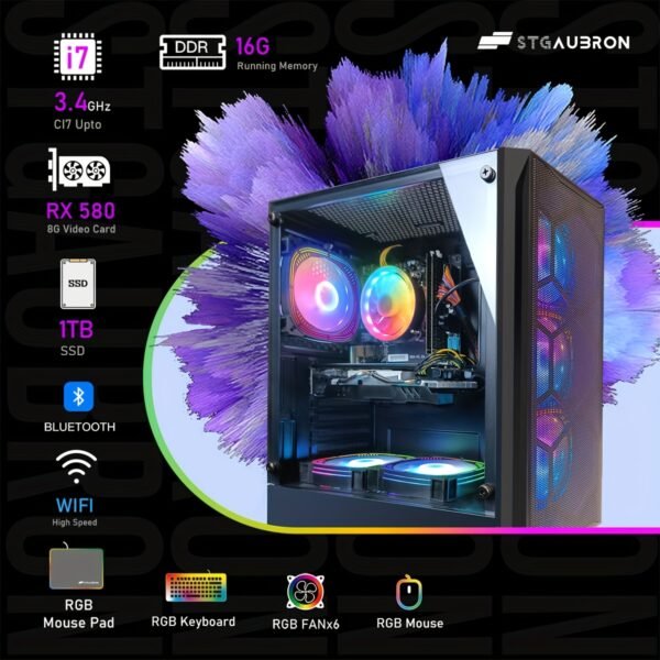 STG Aubron Gaming Desktop PC, Radeon RX 580 8G GDDR5, Core i7 up to 3.9G, 16G Ram, 1T SSD, 600M WiFi, RGB Fan x6, RGB BT Sound bar & Headphone, Windows10 Home