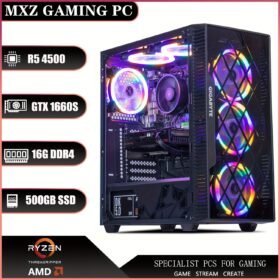 MXZ Gaming PC Desktop Computer, AMD Ryzen 5 4500 3.6GHz, GTX1660S, 16GB(8G*2) DDR4, NVME 500GB SSD, 6RGB Fans, Gamer Desktop Computer(R5 4500|GTX1660S)