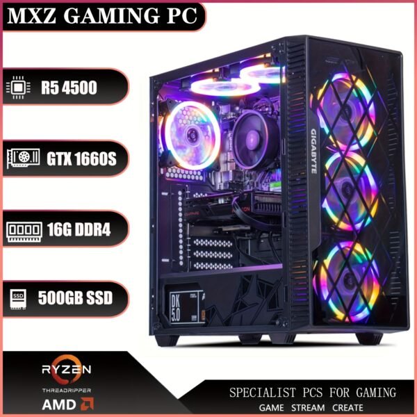 MXZ Gaming PC Desktop Computer, AMD Ryzen 5 4500 3.6GHz, GTX1660S, 16GB(8G*2) DDR4, NVME 500GB SSD, 6RGB Fans, Gamer Desktop Computer(R5 4500|GTX1660S)