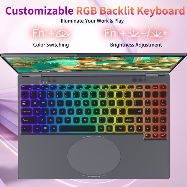 2025 Latest 16-inch Touch Screen Laptop Computer, Core I3-8109U, 16G RAM, 512G NVMe, Adjustable Seven-color Backlit Keyboard, Face Recognition Unlocking Function, 180° Opening And Closing Screen, Circular Touchpad With Brightness And Sound Adjustment, Type-C Data Transmission Interface, Suitable For Family, Students, Multimedia, Suitable As A Gift For Friends And Family. Notebook. - Image 5