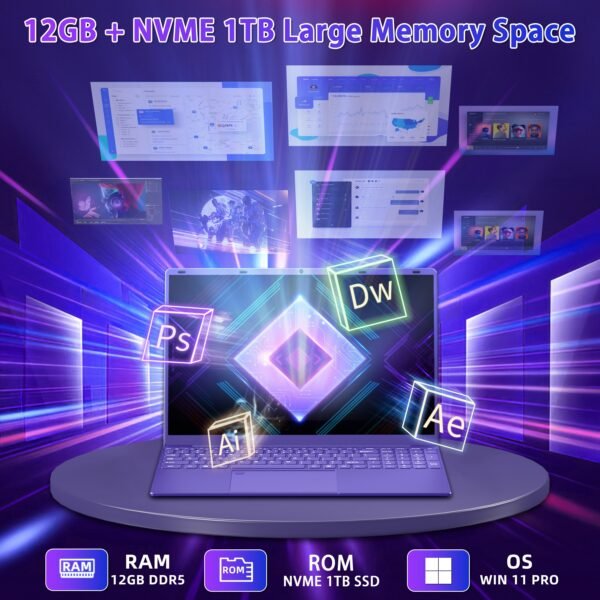16" Purple Laptop, Intel N95 (Up To 3.4Ghz), 12GB DDR5 RAM, Colorful Backlit Keyboard, Fingerprint Unlock/Enhanced Performance - Image 10