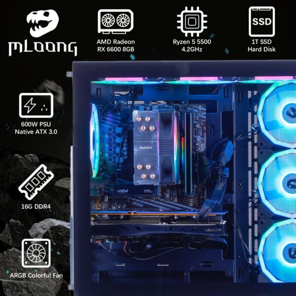 Mloong Gaming PC AMD Ryzen 5 5500 AMD Radeon RX 6600 1TB SSD 16GB RAM Gaming Desktop - Image 8