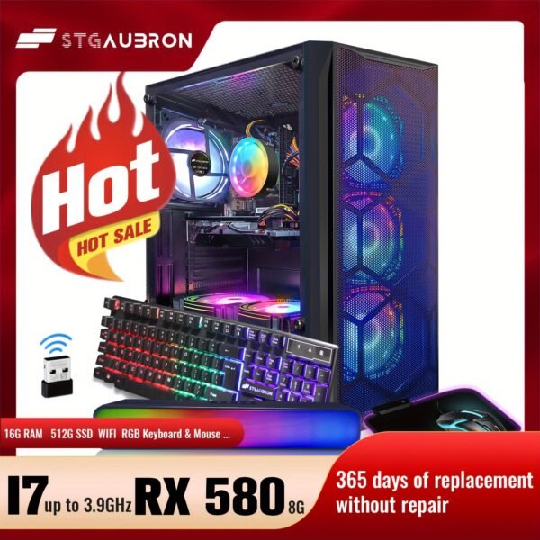 STGAubron Gaming Desktop PC Computer, Intel Core I7 3.4 GHz up to 3.9 GHz, Radeon RX 580 8G GDDR5, 16G RAM, 512G SSD, WiFi, Wireless 5.0, RGB Fanx6, RGB Keyboard&Mouse&Mouse Pad, RGB BT Sound Bar, W10H64