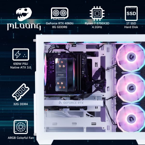 Mloong Gaming PC AMD Ryzen 7 5700X3D CPU, GeForce RTX 4060ti, 1TB NVME SSD, 32GB DDR4 RAM, 7ARGB Fans, Gaming Desktop - Image 5