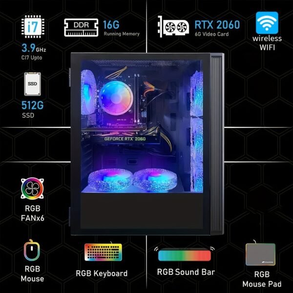STGAubron Gaming Desktop PC, Intel Core I7 3.4 GHz up to 3.9 GHz, GeForce RTX 2060 6G GDDR6, 16G RAM, 512G SSD, WiFi, Wireless 5.0, RGB Fanx6, RGB Keyboard&Mouse, RGB Mouse Pad, RGB BT Sound Bar, W10H64 - Image 3